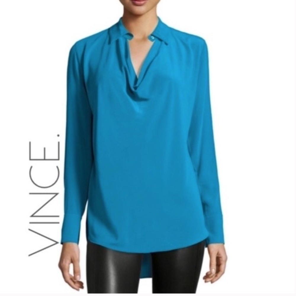 Vince Teal Silk Cowl Neck Blouse Long Sleeve Medium - Picture 2 of 11